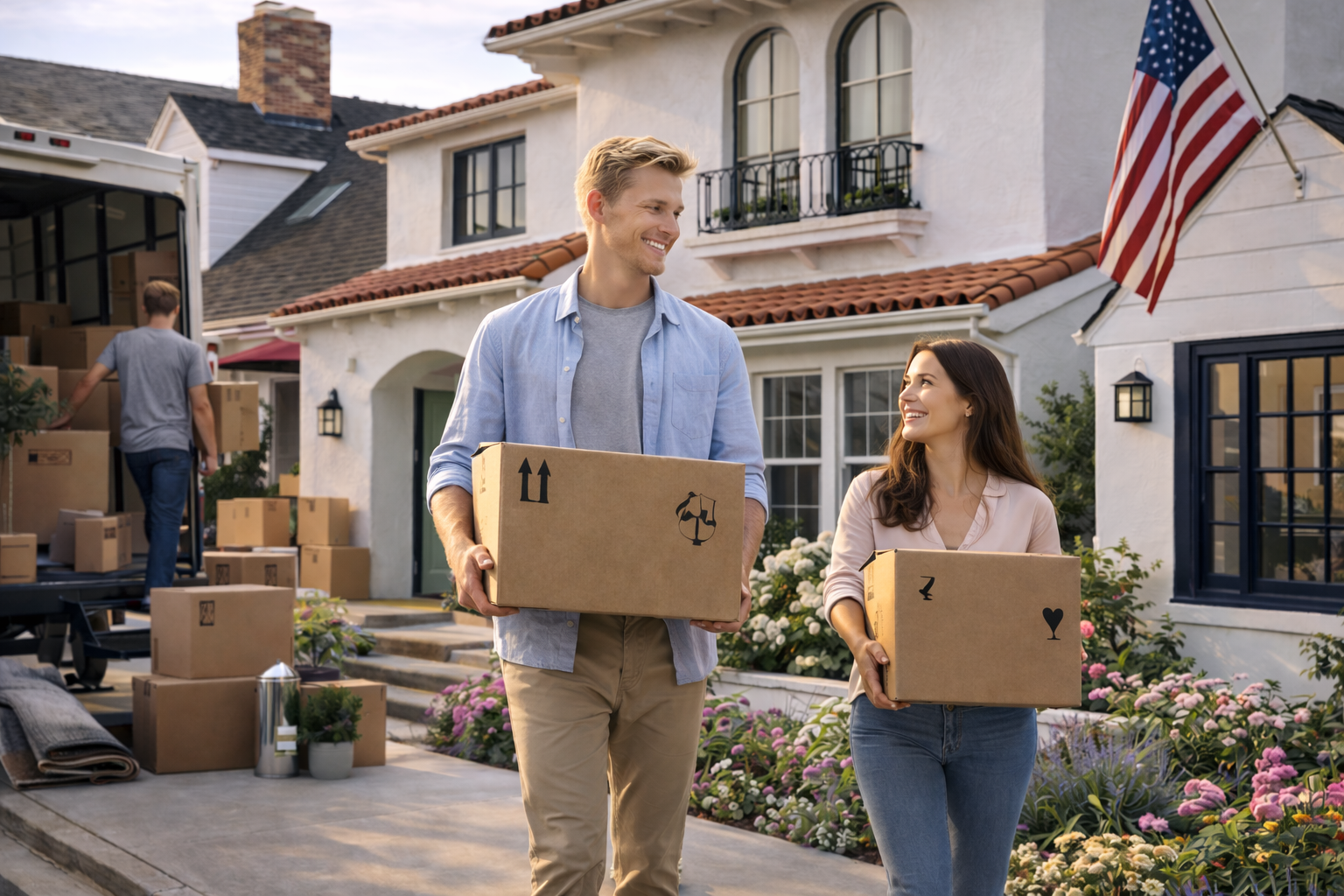 Happy couple moving into new home